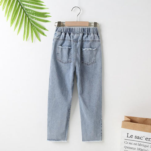 Girls Spring And Autumn Holes Denim Pants